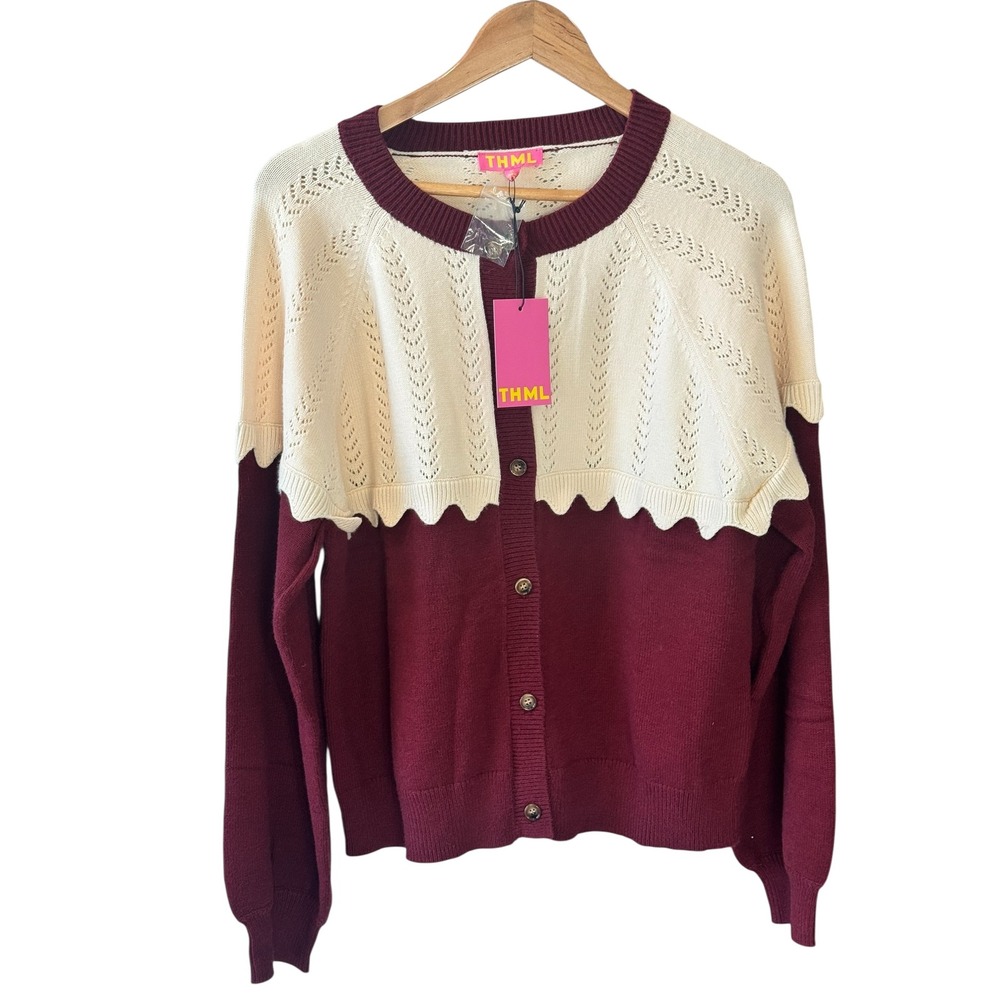 THML Colorblock Scalloped Eyelet Cardigan Burgundy Cream XL NWT‎ Cottagecore